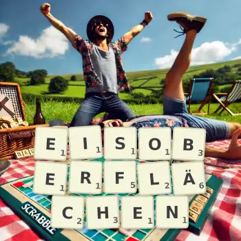 Kreative Illustration für ein Scrabble-Spiel, bei dem das Wort EISOBERFLÄCHEN mit Steinen auf dem Brett gelegt wurde.