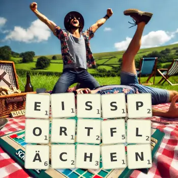 Kreative Illustration für ein Scrabble-Spiel, bei dem das Wort EISSPORTFLÄCHEN mit Steinen auf dem Brett gelegt wurde.