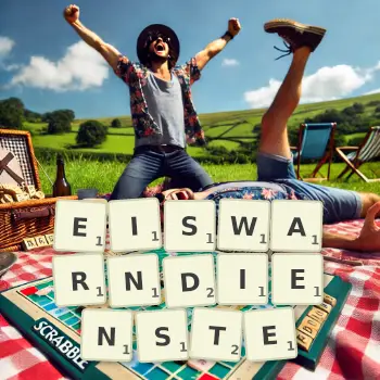 Kreative Illustration für ein Scrabble-Spiel, bei dem das Wort EISWARNDIENSTE mit Steinen auf dem Brett gelegt wurde.