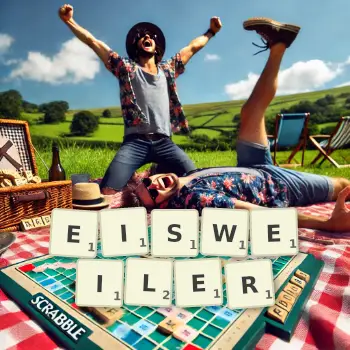 Kreative Illustration für ein Scrabble-Spiel, bei dem das Wort EISWEILER mit Steinen auf dem Brett gelegt wurde.
