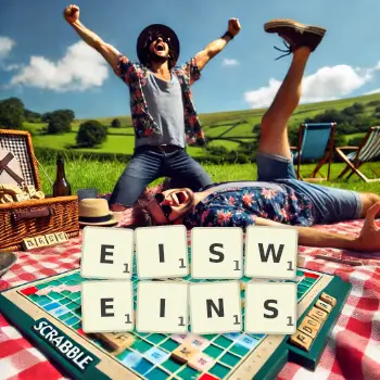Kreative Illustration für ein Scrabble-Spiel, bei dem das Wort EISWEINS mit Steinen auf dem Brett gelegt wurde.