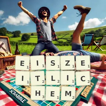 Kreative Illustration für ein Scrabble-Spiel, bei dem das Wort EISZEITLICHEM mit Steinen auf dem Brett gelegt wurde.
