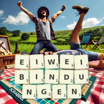 Kreative Illustration für ein Scrabble-Spiel, bei dem das Wort EIWEIBINDUNGEN mit Steinen auf dem Brett gelegt wurde.