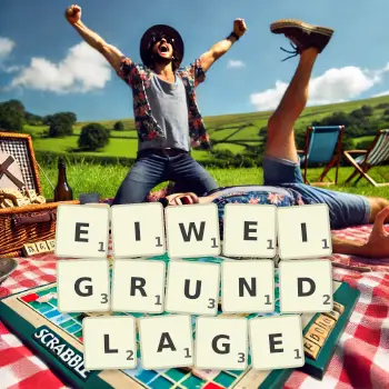 Kreative Illustration für ein Scrabble-Spiel, bei dem das Wort EIWEIGRUNDLAGE mit Steinen auf dem Brett gelegt wurde.