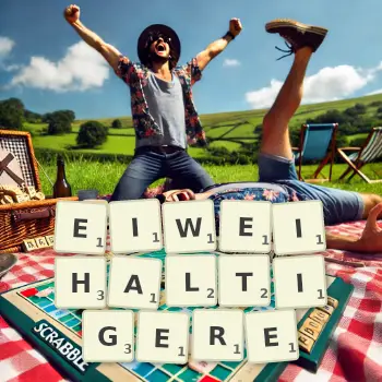 Kreative Illustration für ein Scrabble-Spiel, bei dem das Wort EIWEIHALTIGERE mit Steinen auf dem Brett gelegt wurde.
