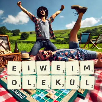 Kreative Illustration für ein Scrabble-Spiel, bei dem das Wort EIWEIMOLEKÜL mit Steinen auf dem Brett gelegt wurde.