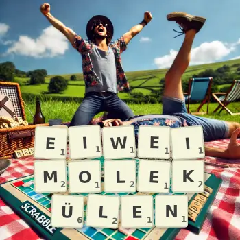 Kreative Illustration für ein Scrabble-Spiel, bei dem das Wort EIWEIMOLEKÜLEN mit Steinen auf dem Brett gelegt wurde.