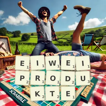 Kreative Illustration für ein Scrabble-Spiel, bei dem das Wort EIWEIPRODUKTE mit Steinen auf dem Brett gelegt wurde.
