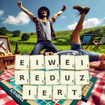 Kreative Illustration für ein Scrabble-Spiel, bei dem das Wort EIWEIREDUZIERT mit Steinen auf dem Brett gelegt wurde.
