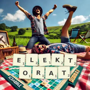 Kreative Illustration für ein Scrabble-Spiel, bei dem das Wort ELEKTORAT mit Steinen auf dem Brett gelegt wurde.
