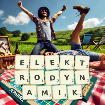 Kreative Illustration für ein Scrabble-Spiel, bei dem das Wort ELEKTRODYNAMIK mit Steinen auf dem Brett gelegt wurde.