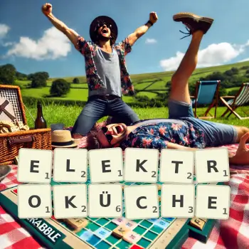 Kreative Illustration für ein Scrabble-Spiel, bei dem das Wort ELEKTROKÜCHE mit Steinen auf dem Brett gelegt wurde.