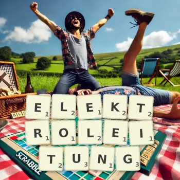 Kreative Illustration für ein Scrabble-Spiel, bei dem das Wort ELEKTROLEITUNG mit Steinen auf dem Brett gelegt wurde.