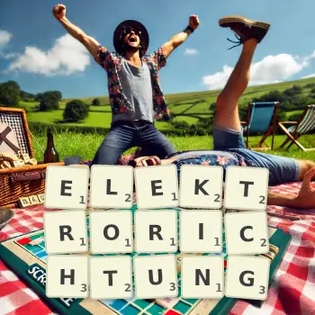 Kreative Illustration für ein Scrabble-Spiel, bei dem das Wort ELEKTRORICHTUNG mit Steinen auf dem Brett gelegt wurde.
