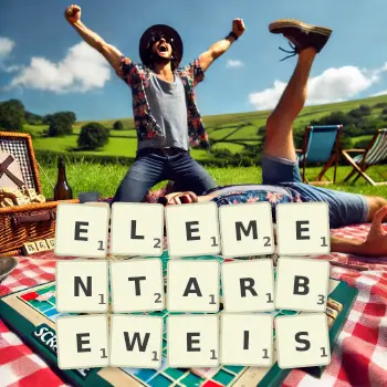 Kreative Illustration für ein Scrabble-Spiel, bei dem das Wort ELEMENTARBEWEIS mit Steinen auf dem Brett gelegt wurde.