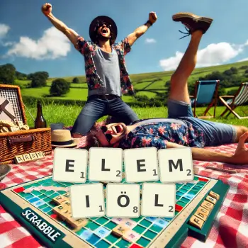 Kreative Illustration für ein Scrabble-Spiel, bei dem das Wort ELEMIÖL mit Steinen auf dem Brett gelegt wurde.