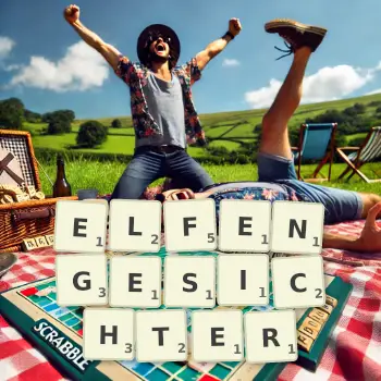 Kreative Illustration für ein Scrabble-Spiel, bei dem das Wort ELFENGESICHTER mit Steinen auf dem Brett gelegt wurde.