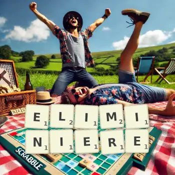 Kreative Illustration für ein Scrabble-Spiel, bei dem das Wort ELIMINIERE mit Steinen auf dem Brett gelegt wurde.