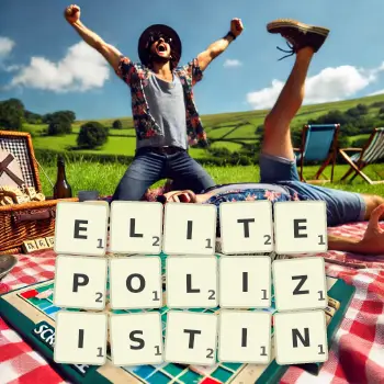 Kreative Illustration für ein Scrabble-Spiel, bei dem das Wort ELITEPOLIZISTIN mit Steinen auf dem Brett gelegt wurde.