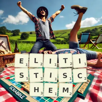 Kreative Illustration für ein Scrabble-Spiel, bei dem das Wort ELITISTISCHEM mit Steinen auf dem Brett gelegt wurde.