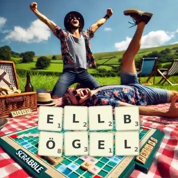 Kreative Illustration für ein Scrabble-Spiel, bei dem das Wort ELLBÖGEL mit Steinen auf dem Brett gelegt wurde.