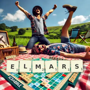 Kreative Illustration für ein Scrabble-Spiel, bei dem das Wort ELMARS mit Steinen auf dem Brett gelegt wurde.