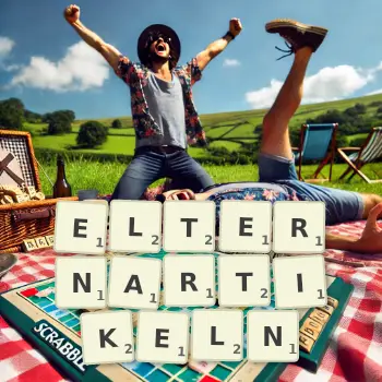 Kreative Illustration für ein Scrabble-Spiel, bei dem das Wort ELTERNARTIKELN mit Steinen auf dem Brett gelegt wurde.