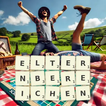 Kreative Illustration für ein Scrabble-Spiel, bei dem das Wort ELTERNBEREICHEN mit Steinen auf dem Brett gelegt wurde.
