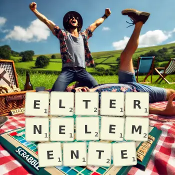 Kreative Illustration für ein Scrabble-Spiel, bei dem das Wort ELTERNELEMENTE mit Steinen auf dem Brett gelegt wurde.