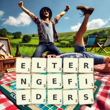 Kreative Illustration für ein Scrabble-Spiel, bei dem das Wort ELTERNGEFIEDERS mit Steinen auf dem Brett gelegt wurde.