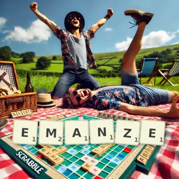Kreative Illustration für ein Scrabble-Spiel, bei dem das Wort EMANZE mit Steinen auf dem Brett gelegt wurde.