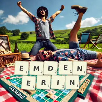 Kreative Illustration für ein Scrabble-Spiel, bei dem das Wort EMDENERIN mit Steinen auf dem Brett gelegt wurde.