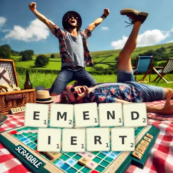 Kreative Illustration für ein Scrabble-Spiel, bei dem das Wort EMENDIERT mit Steinen auf dem Brett gelegt wurde.