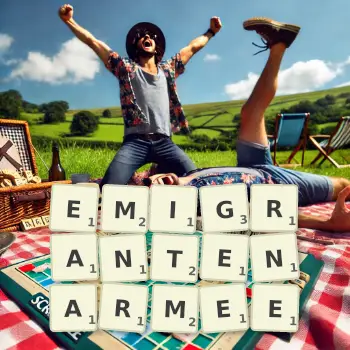 Kreative Illustration für ein Scrabble-Spiel, bei dem das Wort EMIGRANTENARMEE mit Steinen auf dem Brett gelegt wurde.
