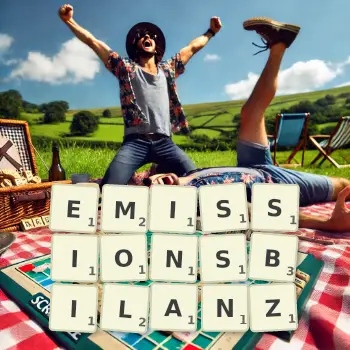Kreative Illustration für ein Scrabble-Spiel, bei dem das Wort EMISSIONSBILANZ mit Steinen auf dem Brett gelegt wurde.