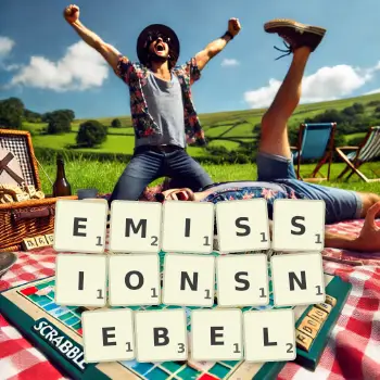 Kreative Illustration für ein Scrabble-Spiel, bei dem das Wort EMISSIONSNEBEL mit Steinen auf dem Brett gelegt wurde.
