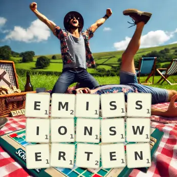 Kreative Illustration für ein Scrabble-Spiel, bei dem das Wort EMISSIONSWERTEN mit Steinen auf dem Brett gelegt wurde.