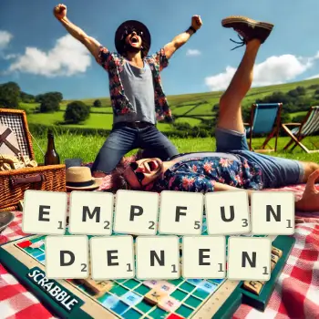Kreative Illustration für ein Scrabble-Spiel, bei dem das Wort EMPFUNDENEN mit Steinen auf dem Brett gelegt wurde.