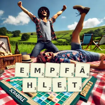 Kreative Illustration für ein Scrabble-Spiel, bei dem das Wort EMPFÄHLET mit Steinen auf dem Brett gelegt wurde.