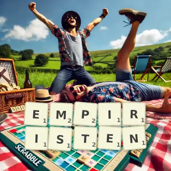 Kreative Illustration für ein Scrabble-Spiel, bei dem das Wort EMPIRISTEN mit Steinen auf dem Brett gelegt wurde.