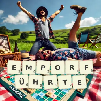 Kreative Illustration für ein Scrabble-Spiel, bei dem das Wort EMPORFÜHRTE mit Steinen auf dem Brett gelegt wurde.