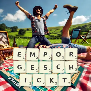 Kreative Illustration für ein Scrabble-Spiel, bei dem das Wort EMPORGESCHICKT mit Steinen auf dem Brett gelegt wurde.