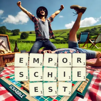 Kreative Illustration für ein Scrabble-Spiel, bei dem das Wort EMPORSCHIEEST mit Steinen auf dem Brett gelegt wurde.
