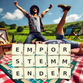 Kreative Illustration für ein Scrabble-Spiel, bei dem das Wort EMPORSTEMMENDER mit Steinen auf dem Brett gelegt wurde.