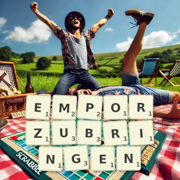 Kreative Illustration für ein Scrabble-Spiel, bei dem das Wort EMPORZUBRINGEN mit Steinen auf dem Brett gelegt wurde.