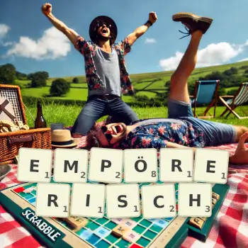 Kreative Illustration für ein Scrabble-Spiel, bei dem das Wort EMPÖRERISCH mit Steinen auf dem Brett gelegt wurde.