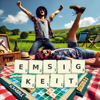 Kreative Illustration für ein Scrabble-Spiel, bei dem das Wort EMSIGKEIT mit Steinen auf dem Brett gelegt wurde.