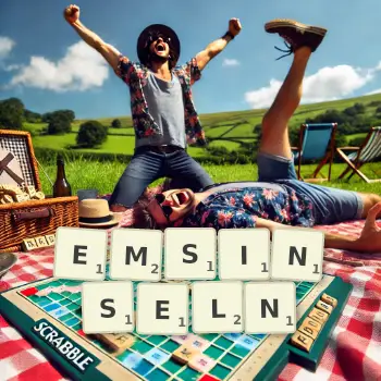 Kreative Illustration für ein Scrabble-Spiel, bei dem das Wort EMSINSELN mit Steinen auf dem Brett gelegt wurde.