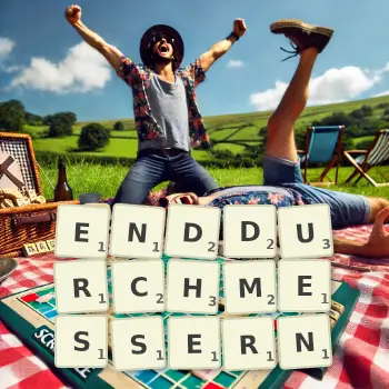 Kreative Illustration für ein Scrabble-Spiel, bei dem das Wort ENDDURCHMESSERN mit Steinen auf dem Brett gelegt wurde.