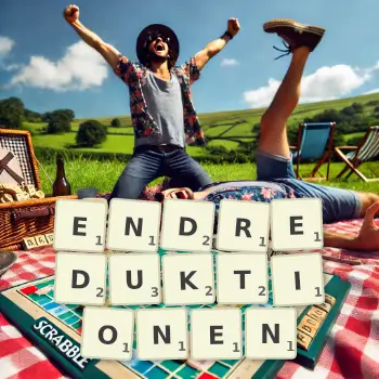 Kreative Illustration für ein Scrabble-Spiel, bei dem das Wort ENDREDUKTIONEN mit Steinen auf dem Brett gelegt wurde.